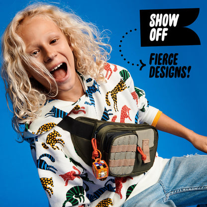 Child joyfully wearing a colorful bag showcasing LEGO® DOTS Bag Tag Leopard Crafts Set 41929. Perfect for creative expression.