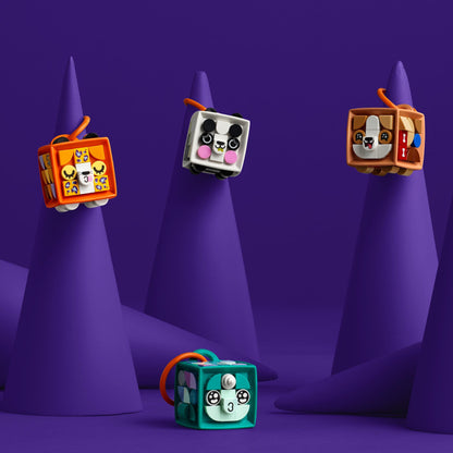 LEGO DOTS Bag Tag Leopard Craft Kits for Kids featuring colorful cubes on purple background.