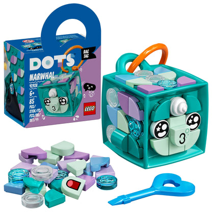 LEGO DOTS Narwhal Bag Tag Craft Set 41928 with customizable tiles and accessories for kids.