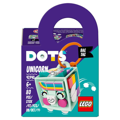 LEGO DOTS Bag Tag Unicorn set 41940, featuring a mint cube design with colorful tiles, perfect for kids' arts and crafts.