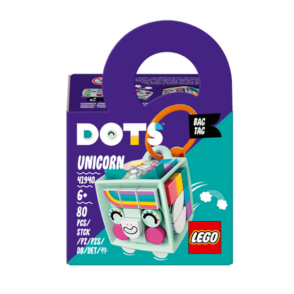 LEGO DOTS Unicorn Bag Tag Set 41940 with mint cube, hanger, and colorful tiles for kids' arts & crafts.