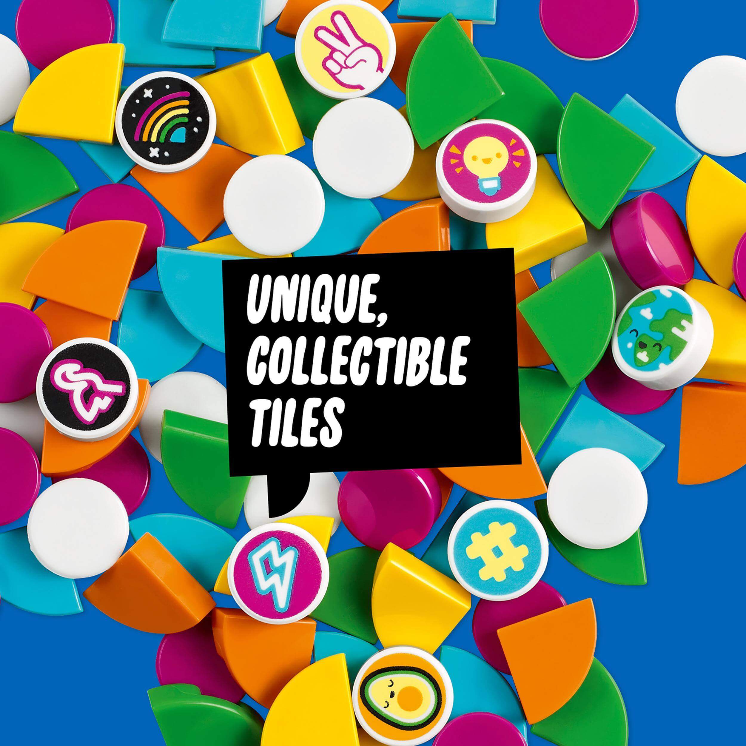 Colorful collectible tiles from LEGO® DOTS Extra DOTS – Series 5, featuring unique designs and vibrant colors.