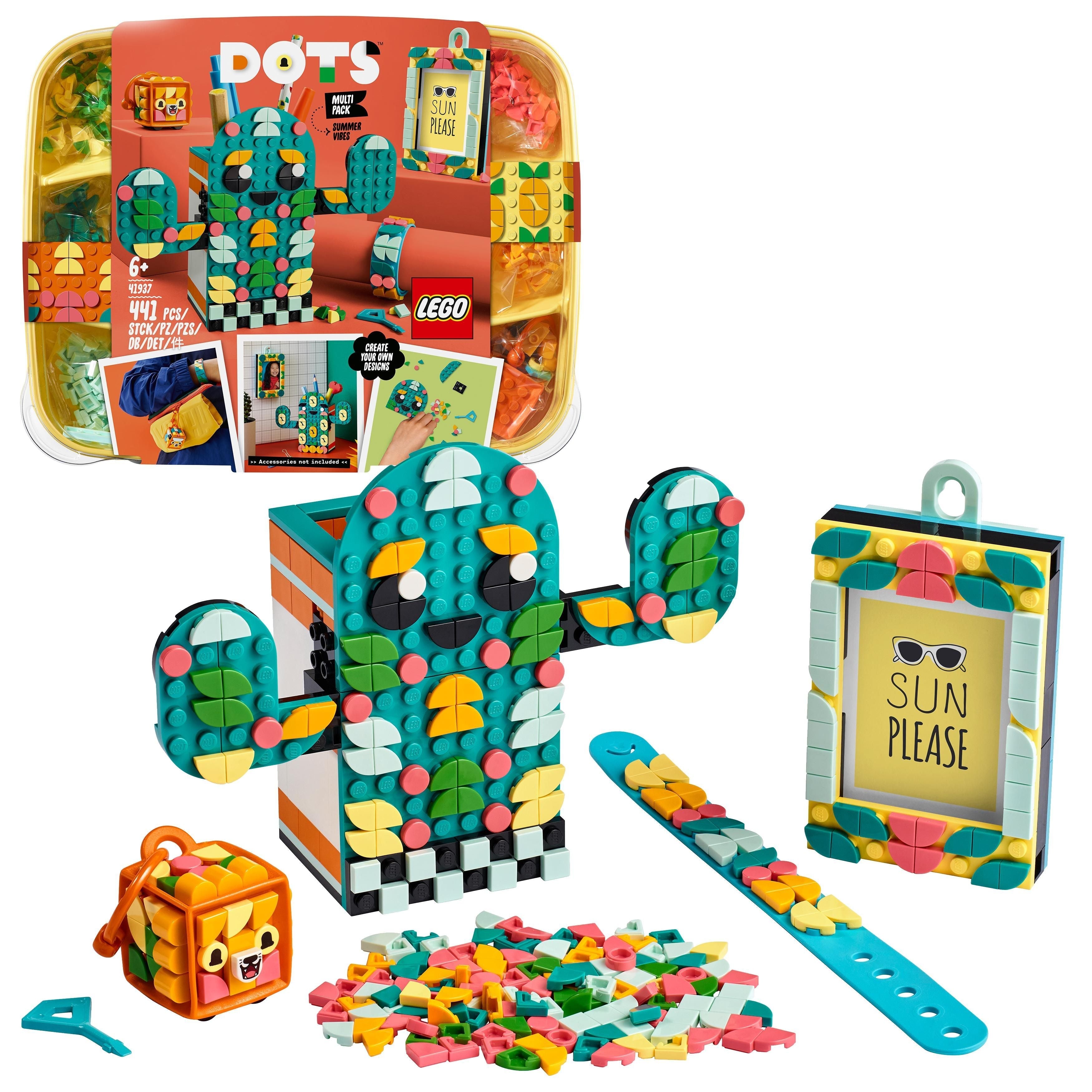 LEGO® DOTS Summer Vibes 4in1 Set 41937 with colorful pieces for a bracelet, bag tag, picture frame, and pencil holder.