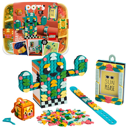 LEGO® DOTS Summer Vibes 4in1 Set 41937 with colorful pieces for a bracelet, bag tag, picture frame, and pencil holder.