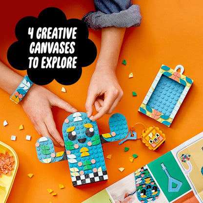 Child crafting with LEGO® DOTS Summer Vibes set, showcasing bracelet, picture frame, bag tag, and pencil holder.