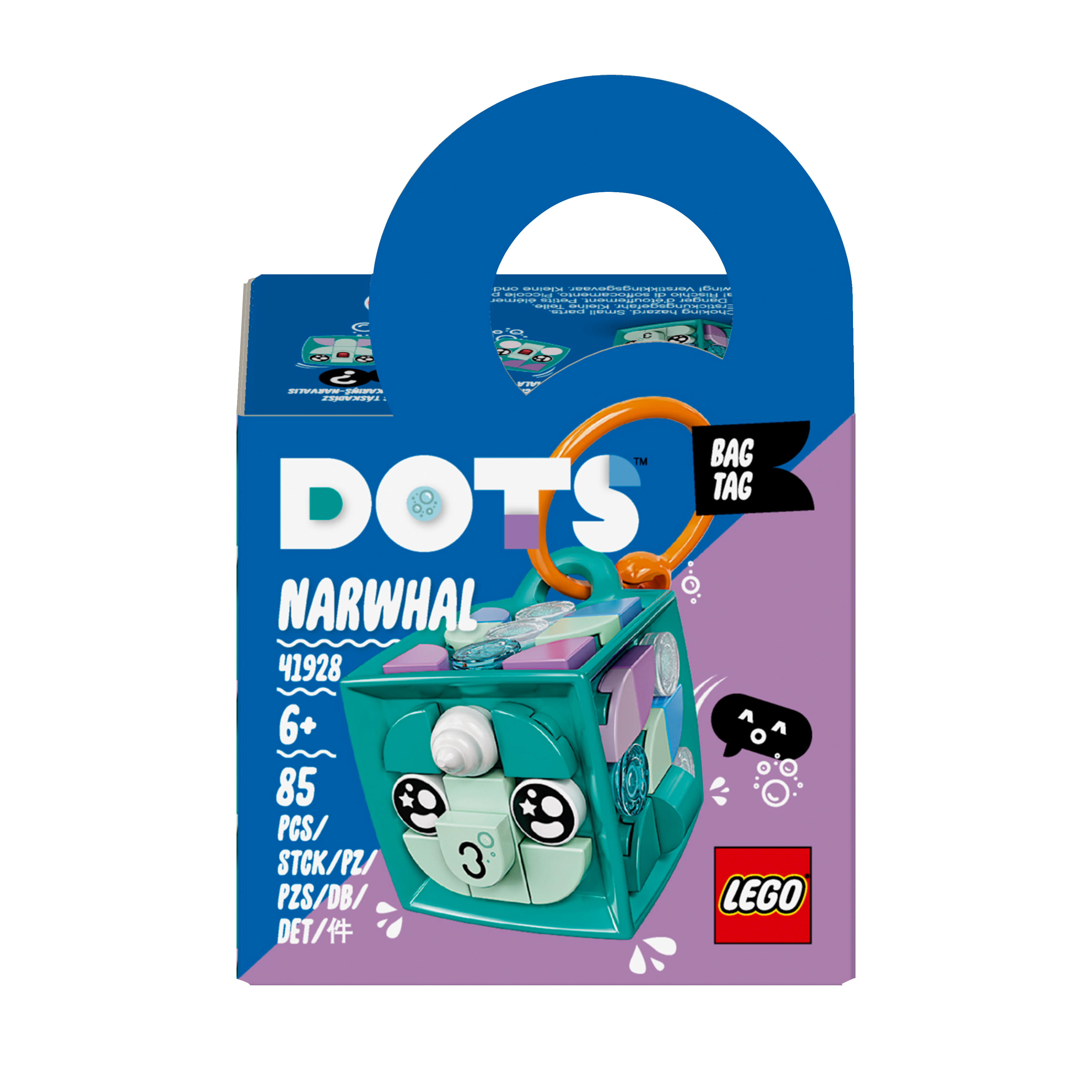 LEGO DOTS Bag Tag Narwhal Craft Set 41928 for kids, customizable, includes tiles and accessories for creative fun.