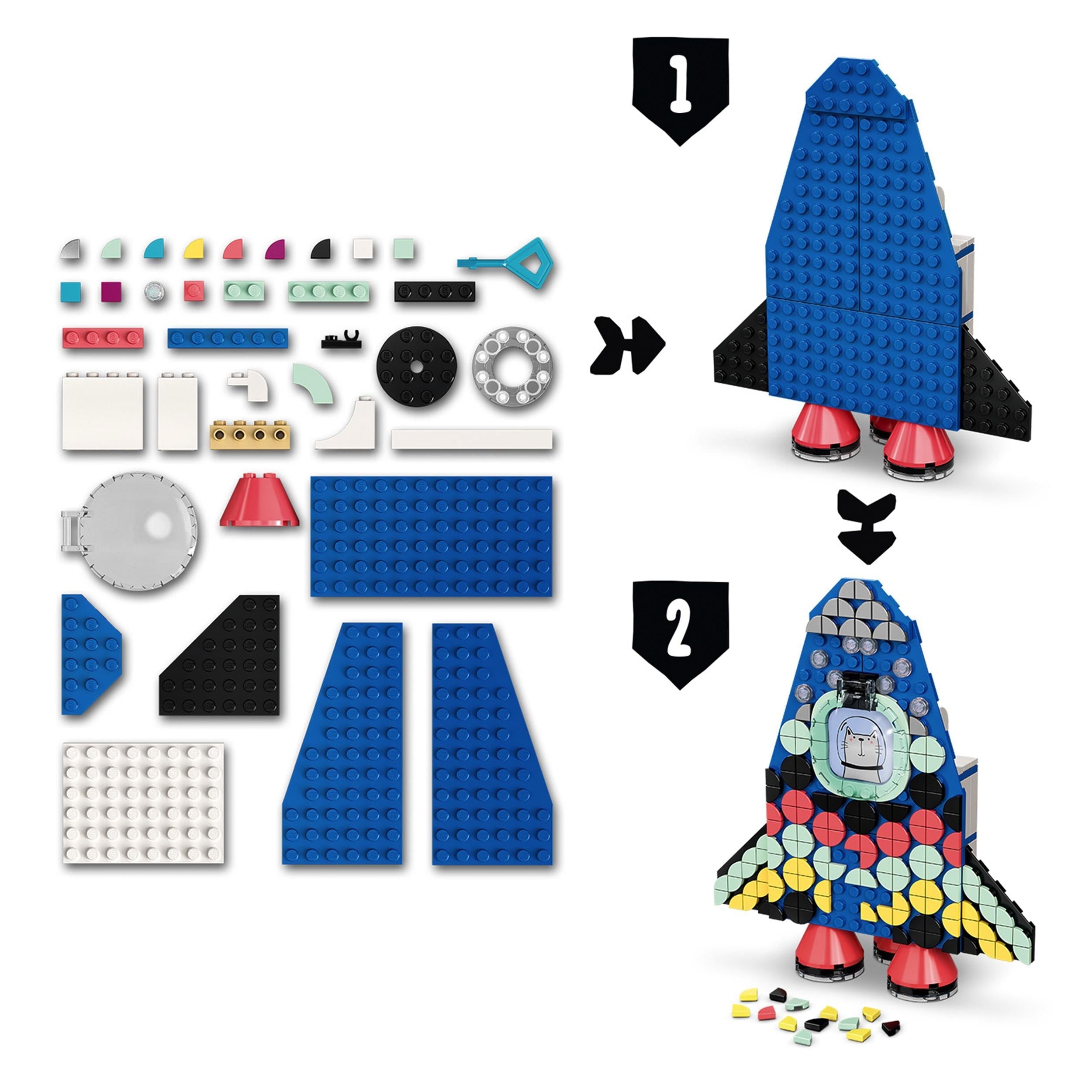 LEGO® DOTS Pencil Holder craft set components, showcasing vibrant tiles and a step-by-step rocket building guide.