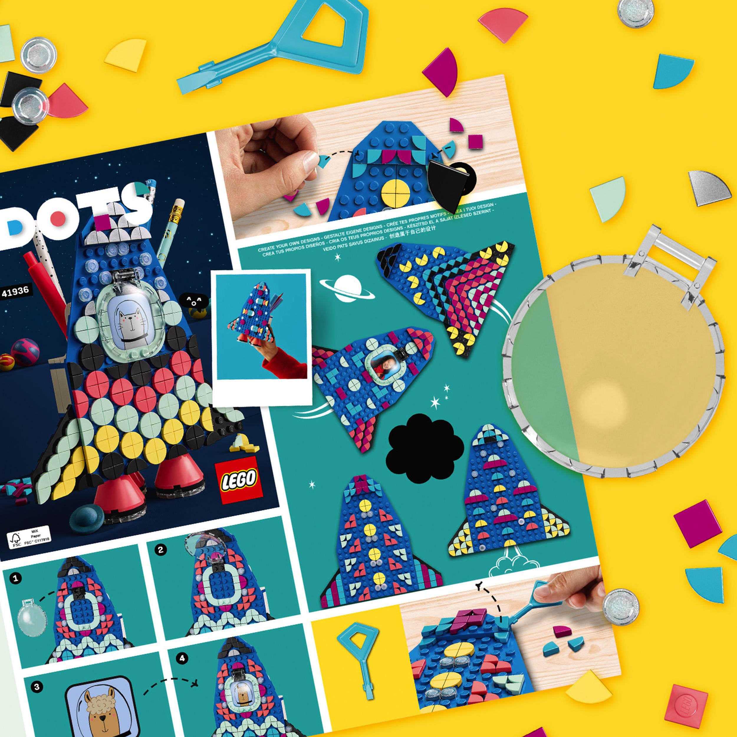 LEGO® DOTS Pencil Holder Craft Set for Kids features colorful tiles and space-themed designs, perfect for creative fun.