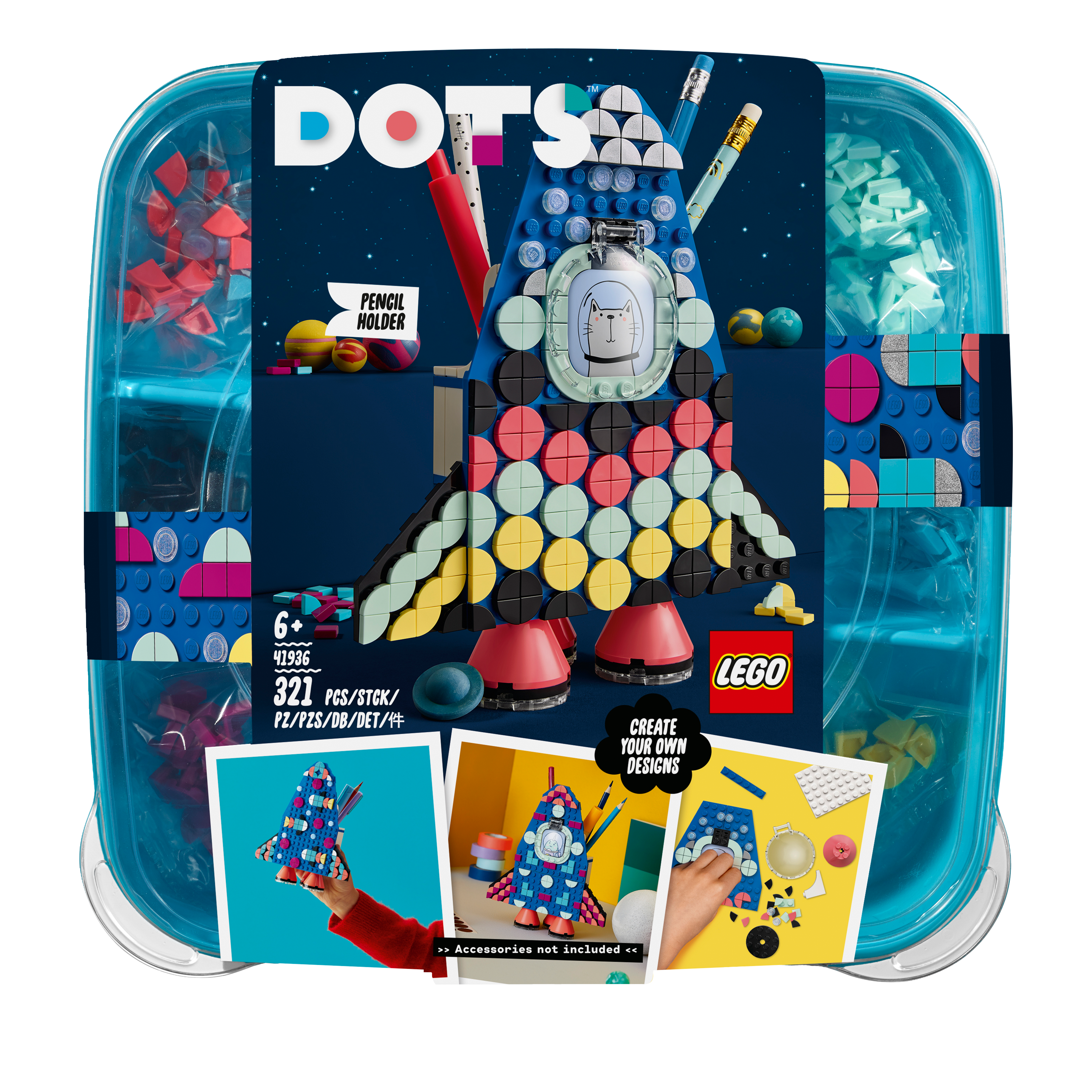 LEGO DOTS Pencil Holder Craft Set 41936 for kids, featuring vibrant colors and a rocket design with 321 pieces.