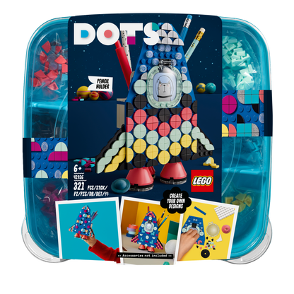 LEGO DOTS Pencil Holder Craft Set 41936 for kids, featuring vibrant colors and a rocket design with 321 pieces.