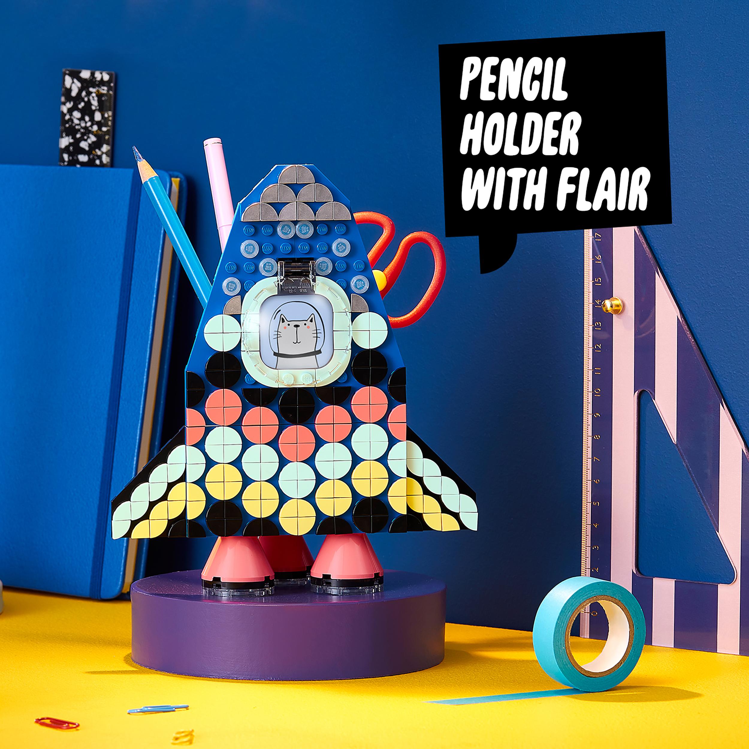 LEGO® DOTS Pencil Holder Craft Set for Kids 41936 featuring a vibrant rocket design with space for storage and display.