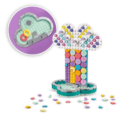 LEGO DOTS Rainbow Jewellery Stand Set 41905 with cloud design, colorful beads, and creative DIY fun for kids.