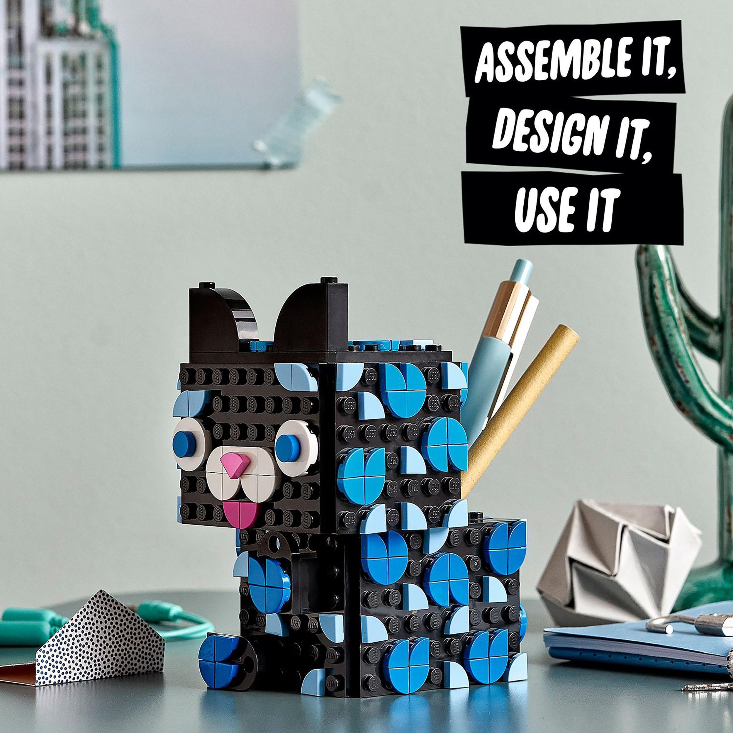LEGO® DOTS secret holder in the shape of a cat, featuring blue and black tiles for creative desk organization.