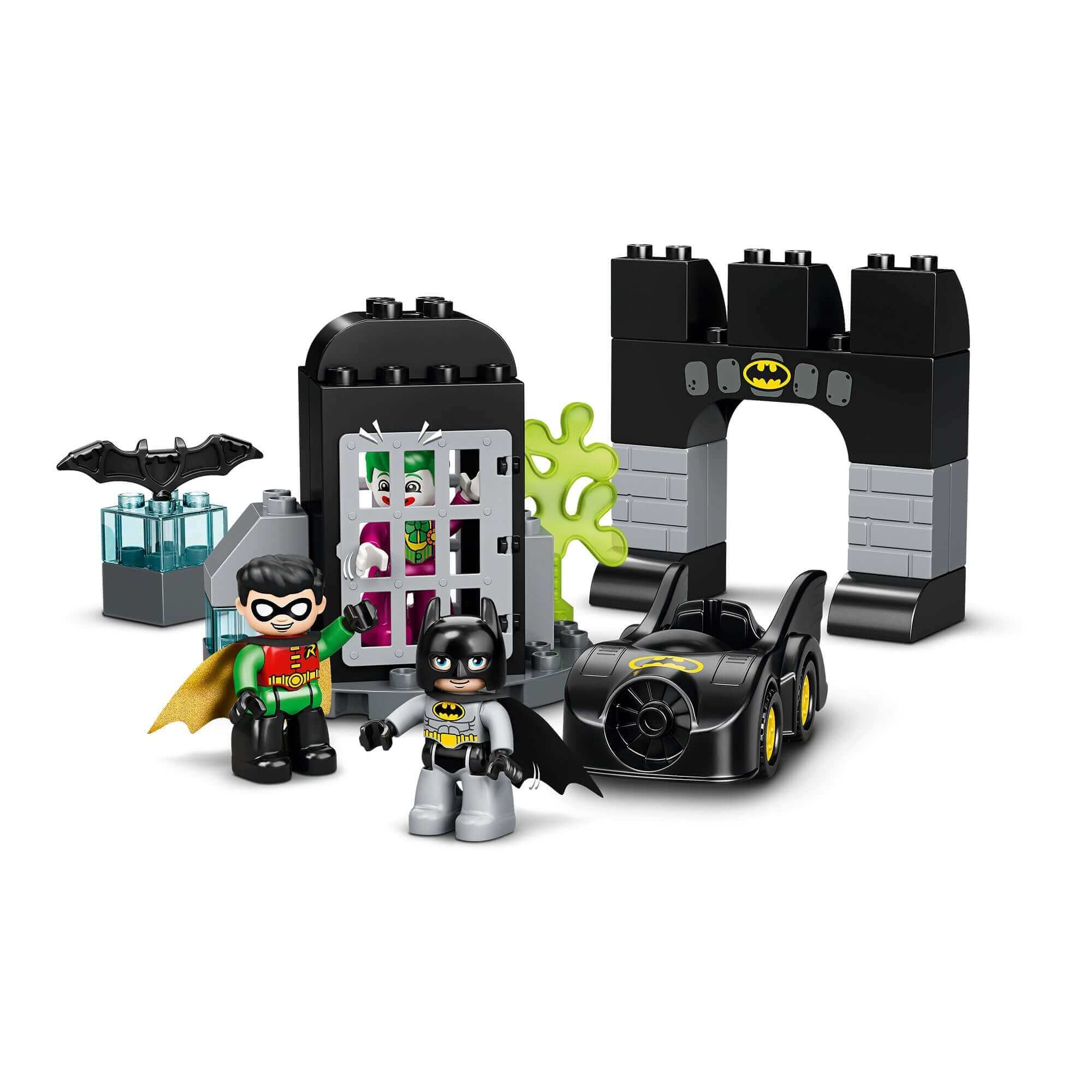 LEGO DUPLO Batman Batcave toy set featuring Batman, Robin, the Joker and Batmobile for imaginative play.