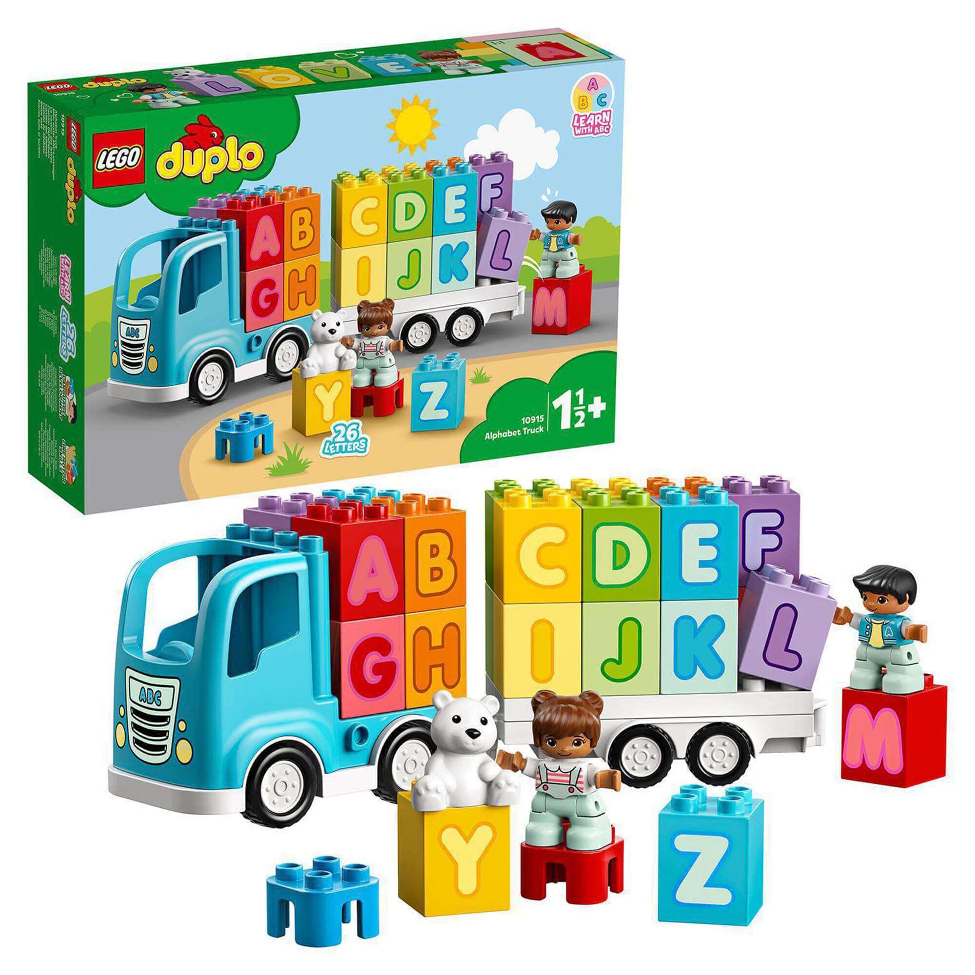 LEGO® DUPLO My First Alphabet Truck Set 10915 with colorful blocks and children, promoting alphabet learning and creative play.
