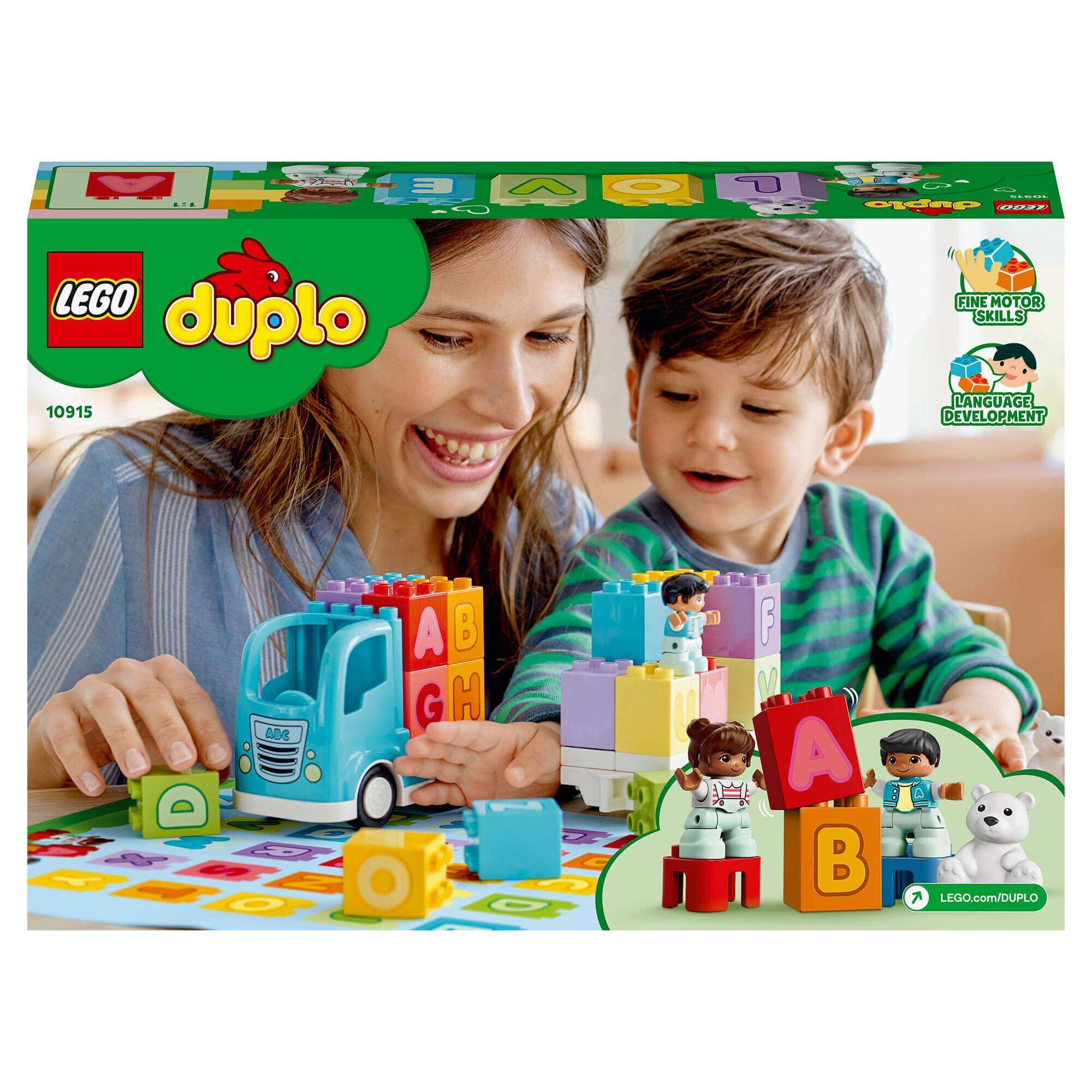 LEGO® DUPLO Alphabet Truck set featuring a mother and child engaged in creative play, learning the alphabet together.