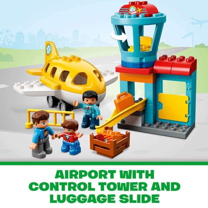 LEGO DUPLO My Town Airport building set with control tower, luggage slide, and buildable plane for toddlers.