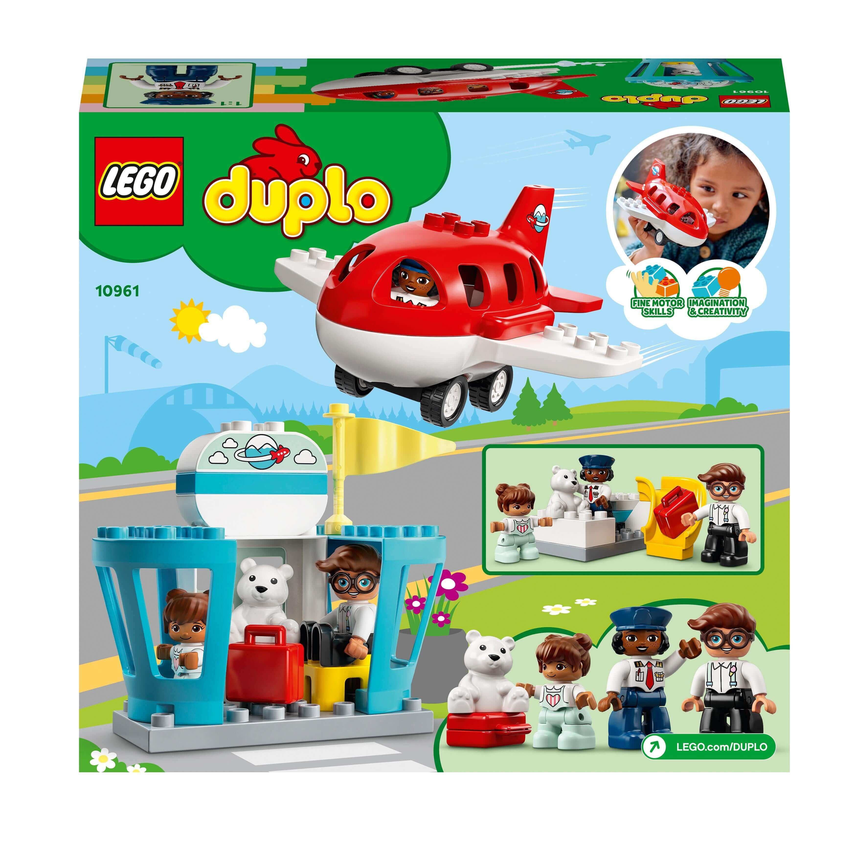 LEGO DUPLO Town Aeroplane & Airport Set 10961 with airplane, figures, and airport gate for preschoolers.