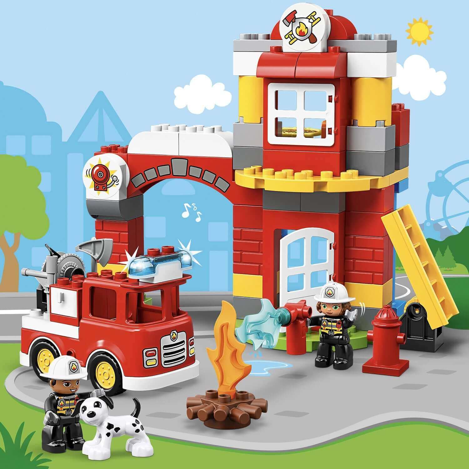 LEGO® DUPLO Town Fire Station Building Set 10903 with fire station, fire engine, and firefighters for creative play.