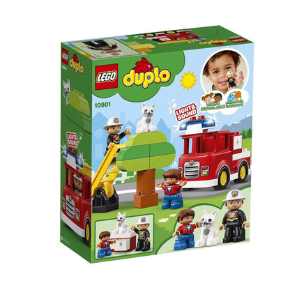 LEGO® DUPLO Town Fire Truck Building Set 10901 with firefighter, cat, and light and sound features for toddlers.