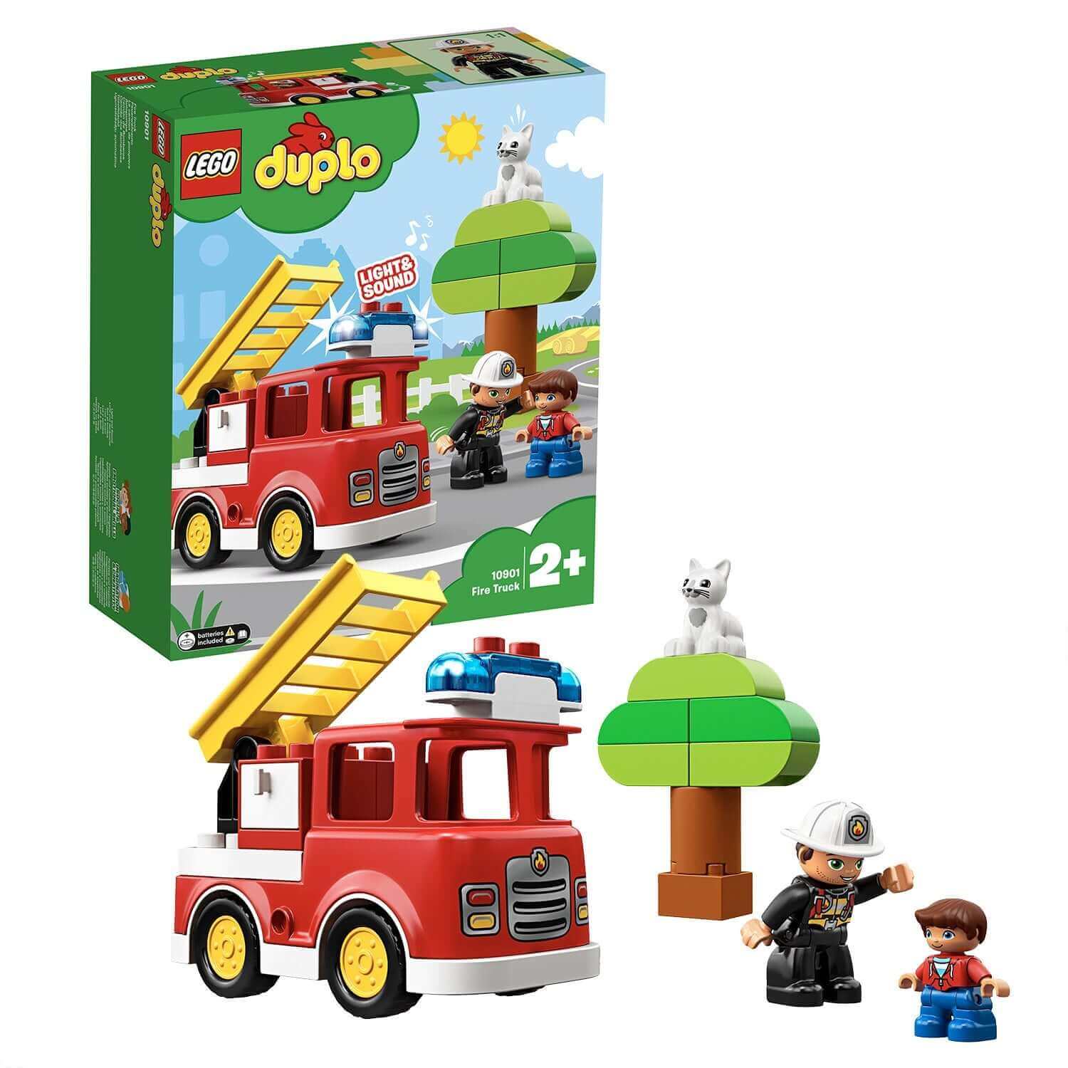 LEGO® DUPLO Town Fire Truck Set 10901 with firefighters, tree, and kitty for toddlers, featuring lights and sounds.