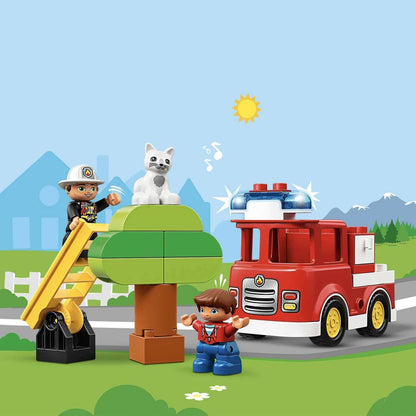 LEGO® DUPLO Town Fire Truck Set with firefighter, tree, cat, and ladder, perfect for toddlers' imaginative play.
