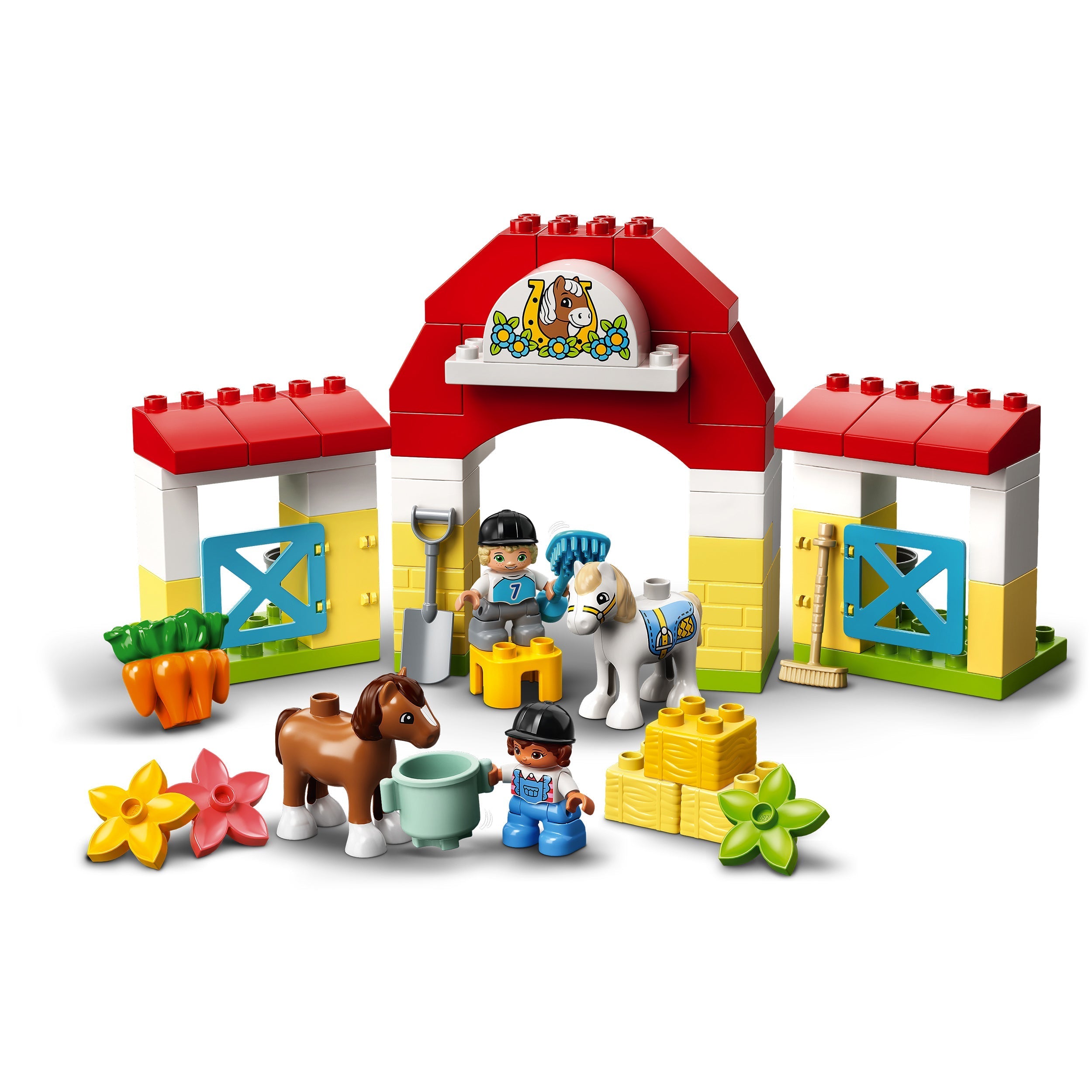 LEGO DUPLO Town Horse Stable set with ponies, accessories, and colorful building blocks for imaginative play.