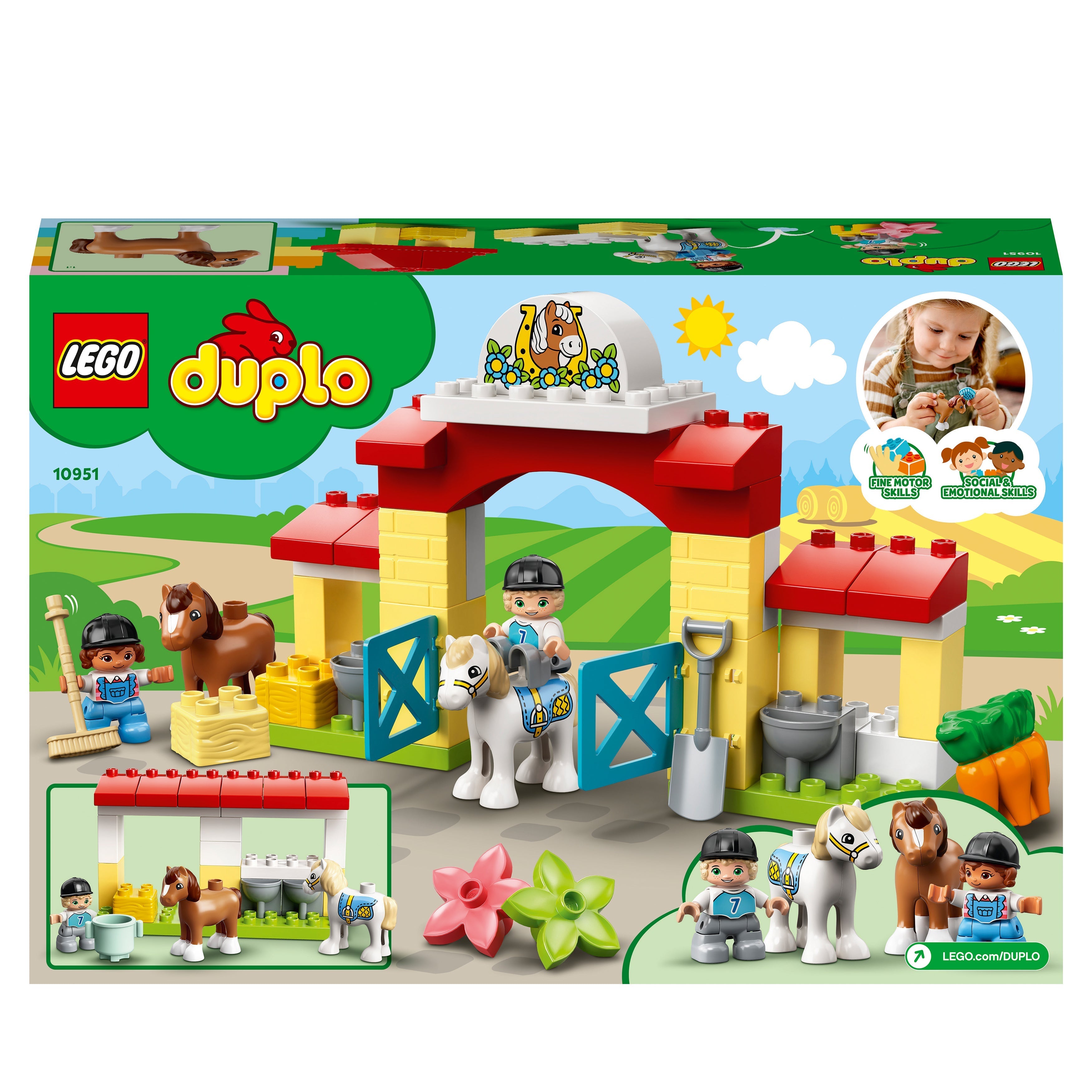 LEGO DUPLO Town Horse Stable set 10951, featuring ponies, a stable, and accessories for toddler play and development.