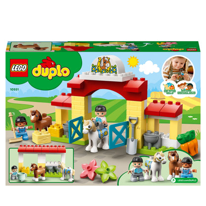LEGO DUPLO Town Horse Stable set 10951, featuring ponies, a stable, and accessories for toddler play and development.
