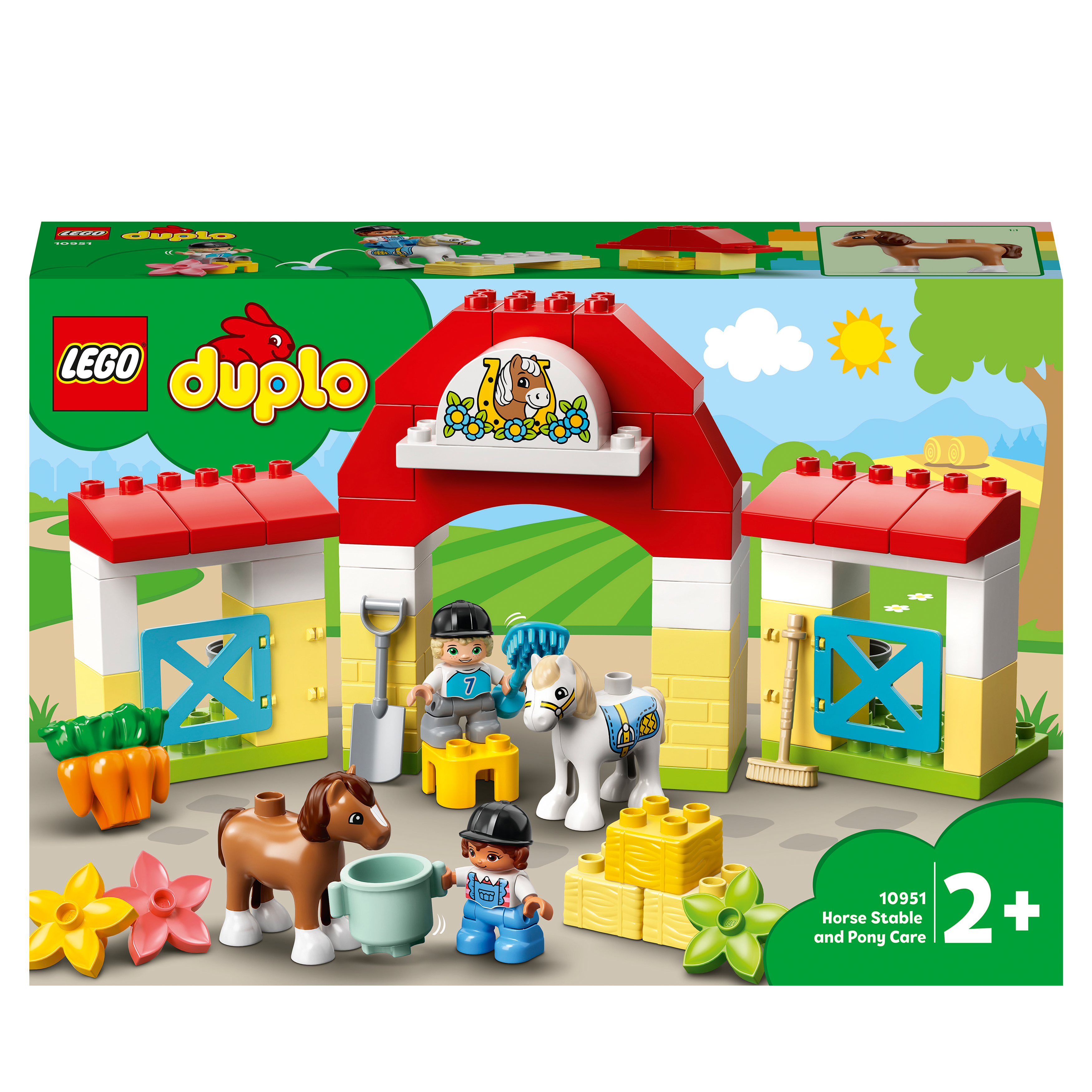 LEGO DUPLO Horse Stable and Pony Care toy set 10951 with ponies, figures, and accessories for imaginative play.