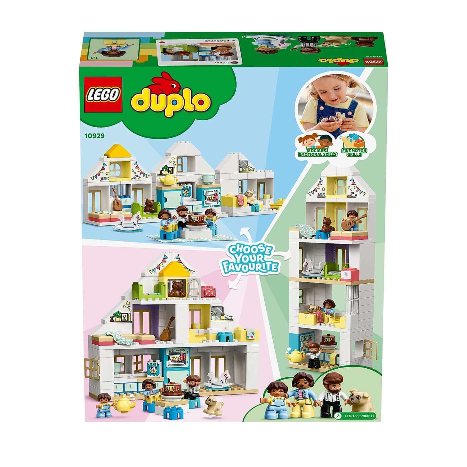 LEGO DUPLO Town Modular Playhouse Set 10929 featuring three buildable houses for fun playtime.