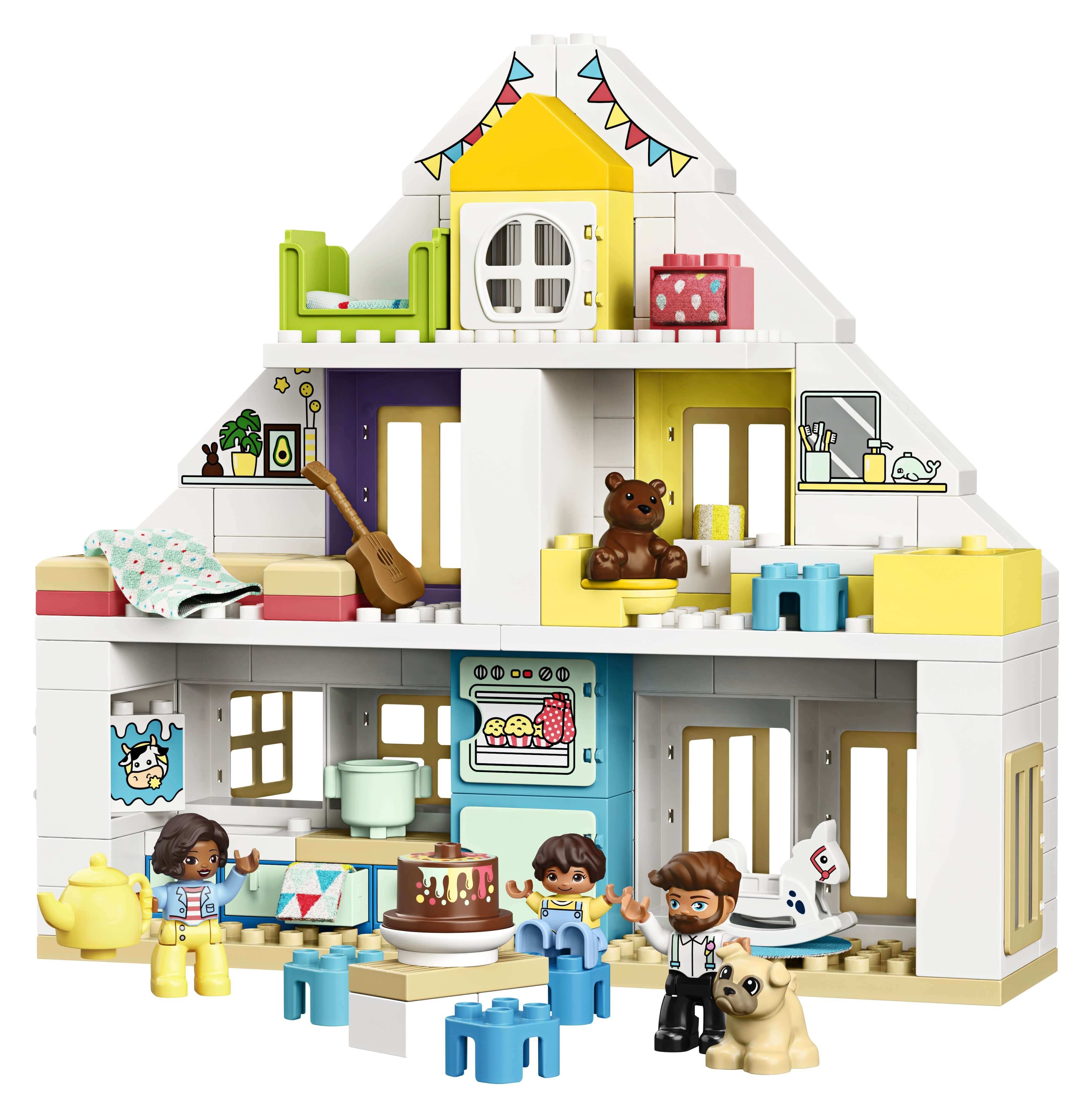 LEGO DUPLO Town Modular Playhouse Set 10929 with kids playing and detailed dollhouse design, perfect for imaginative play.