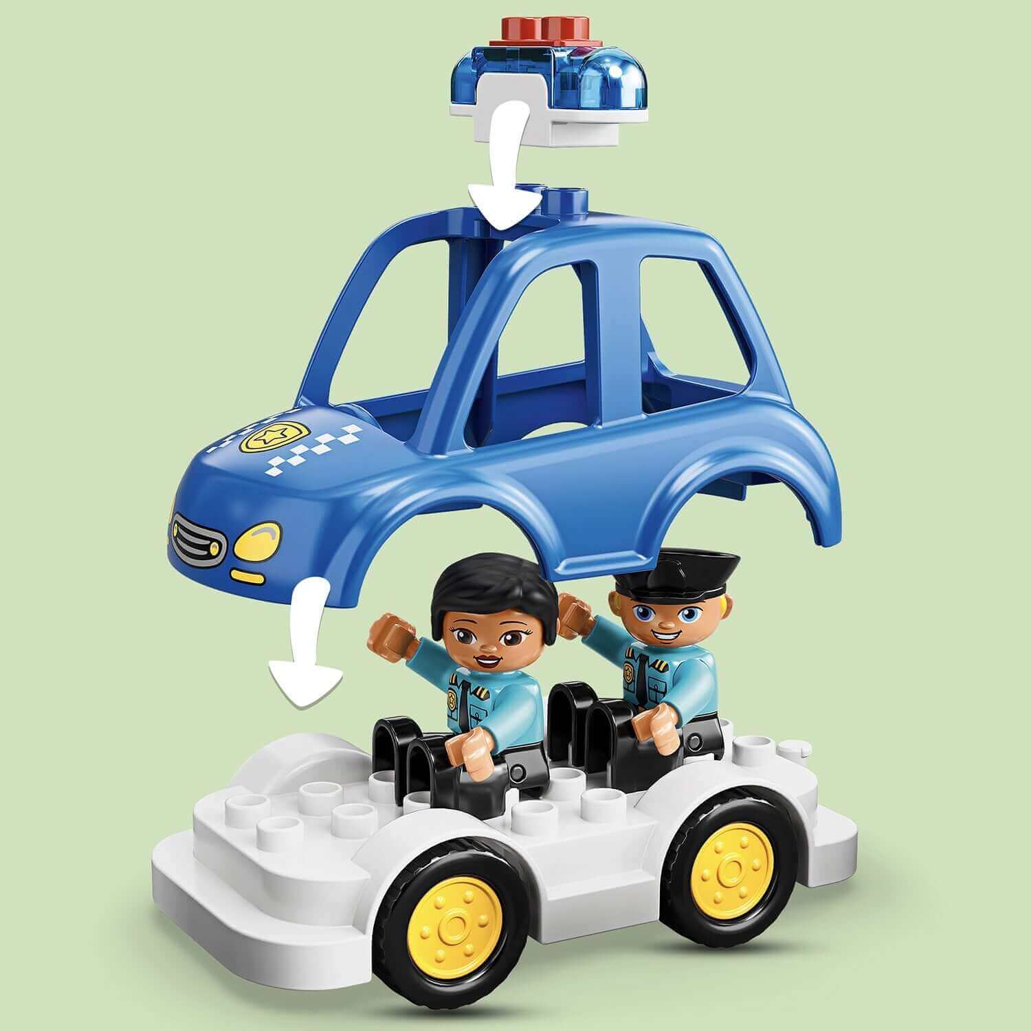 LEGO DUPLO Town Police Station set with a blue police car and two police figures for preschool play.
