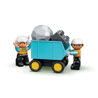 Two LEGO® DUPLO construction workers with a toy truck transporting blocks, promoting creative play and skill development.