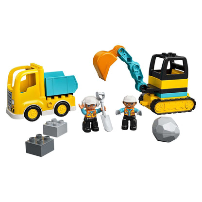 LEGO® DUPLO Truck & Tracked Excavator Toy 10931 with construction workers, bricks, and rocks for creative play.