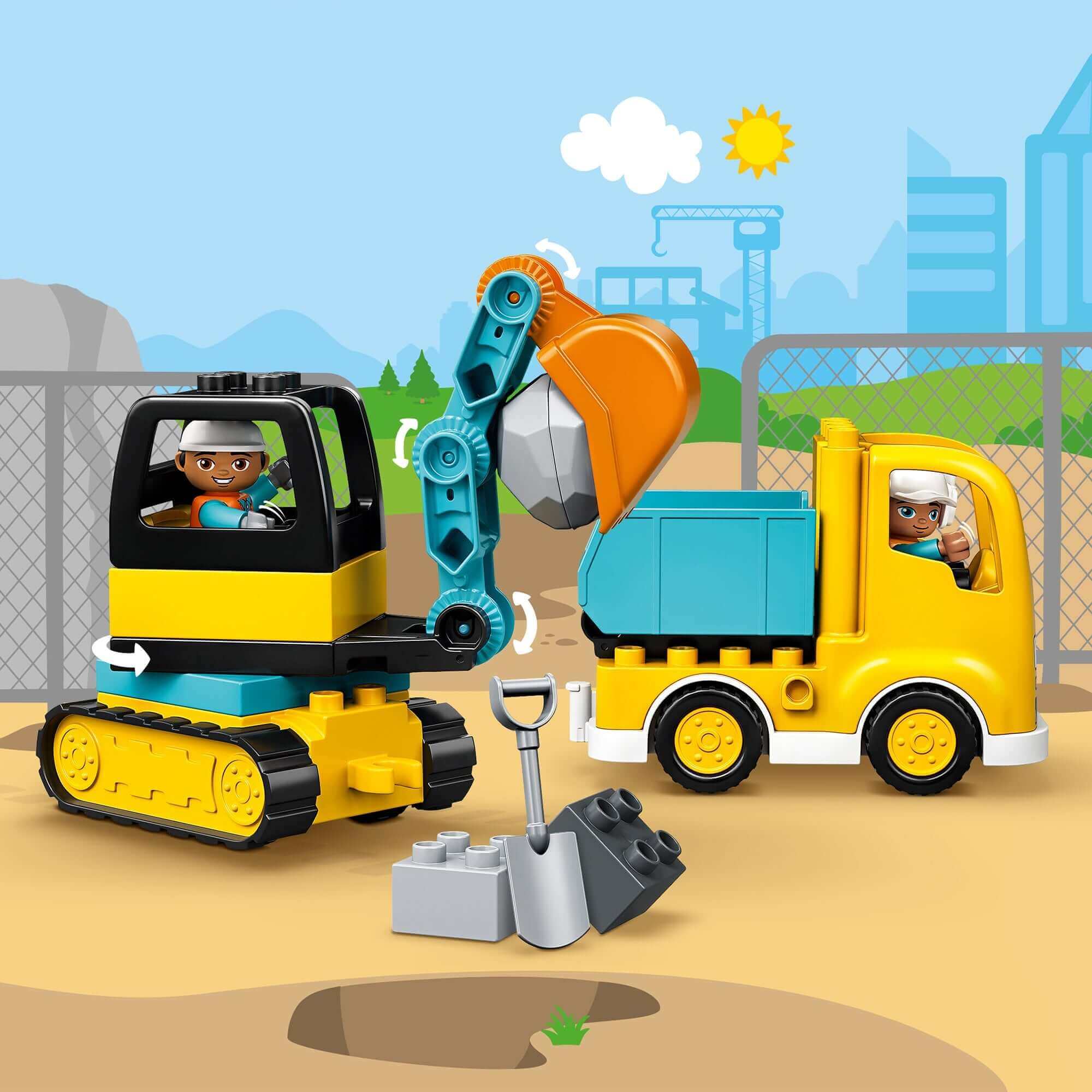LEGO DUPLO Truck & Tracked Excavator set featuring a toy excavator and truck for creative construction play.