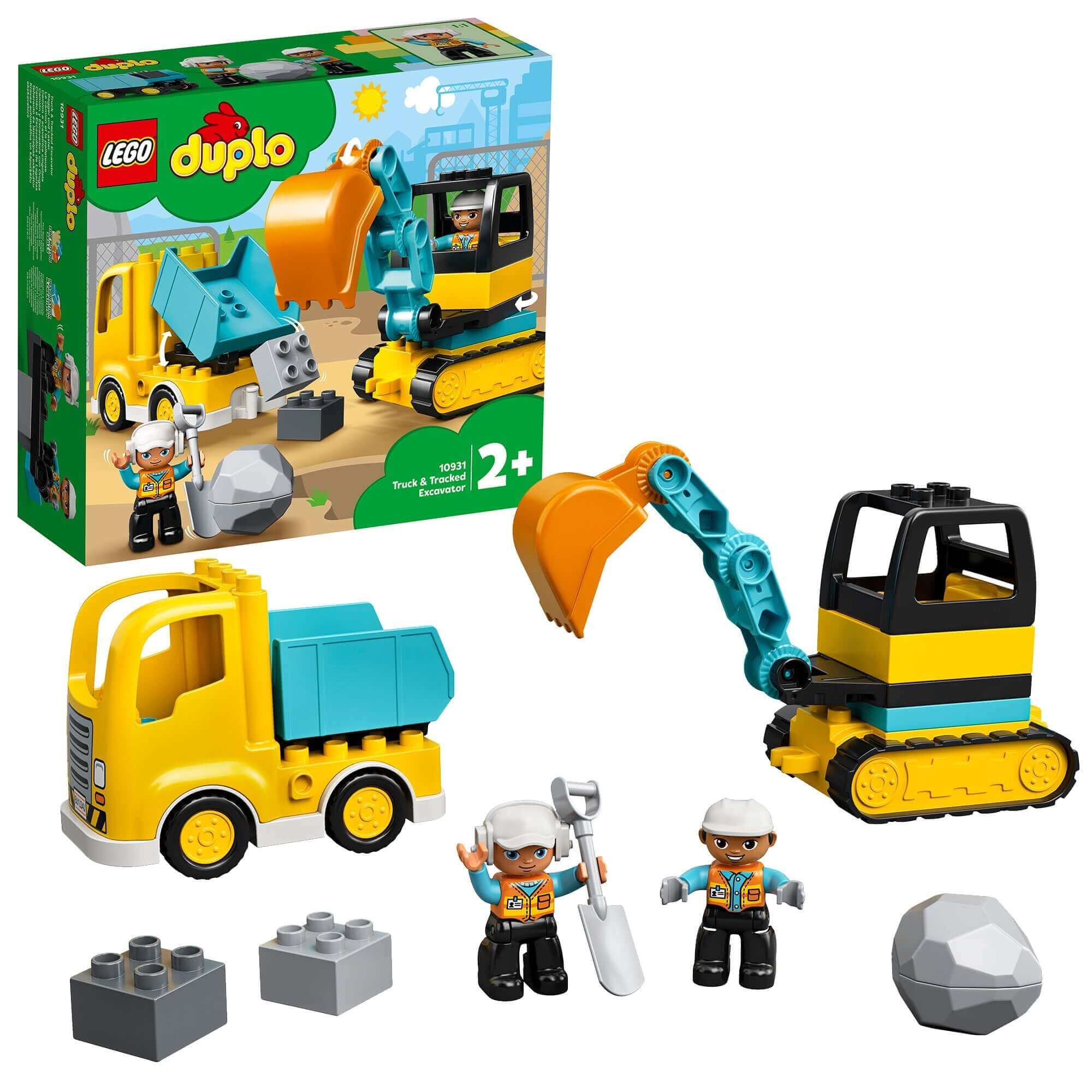 LEGO® DUPLO Truck & Tracked Excavator Toy 10931 featuring construction scene with truck, excavator, and figures.