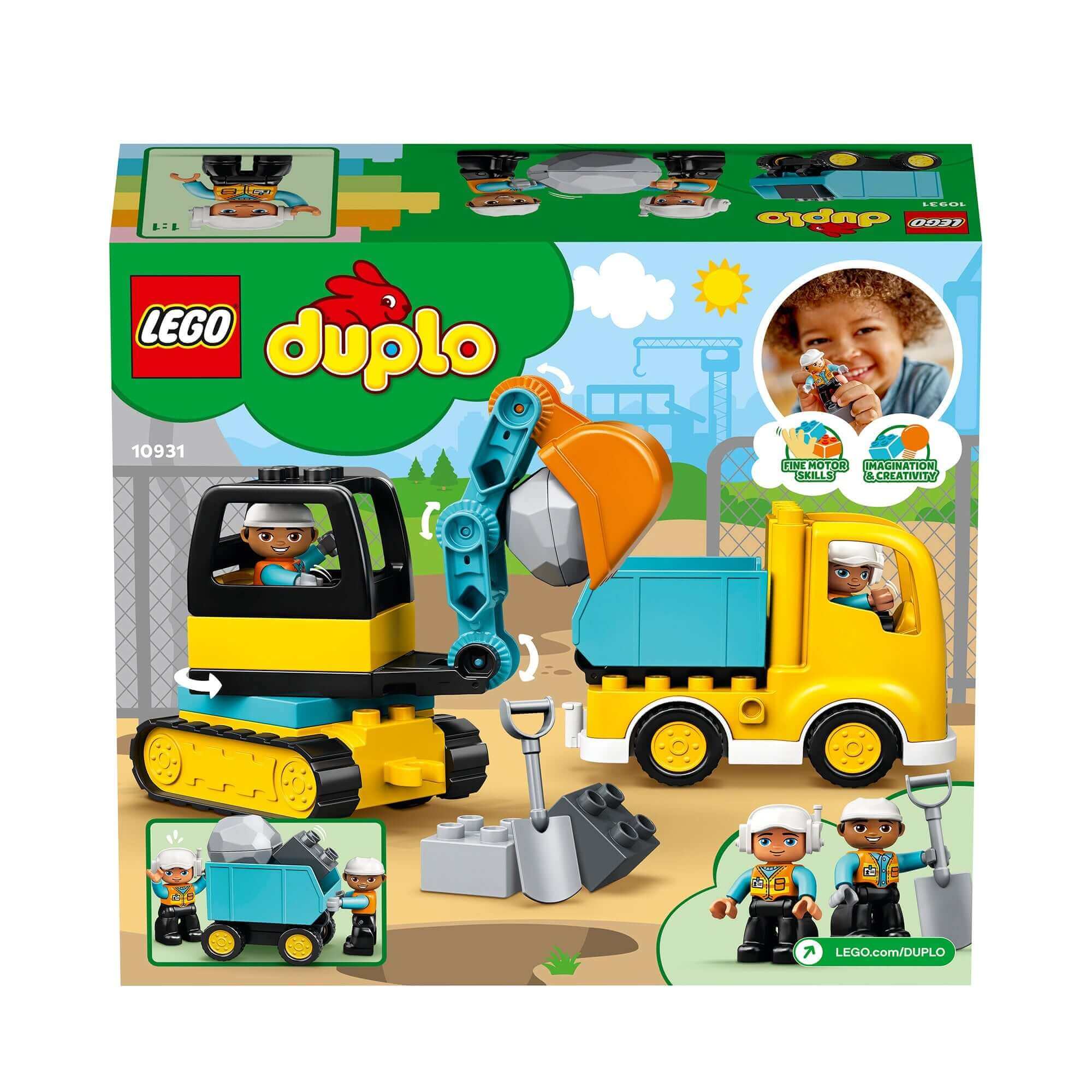 LEGO DUPLO Truck & Tracked Excavator Toy 10931 for creative play; includes construction workers and building accessories.