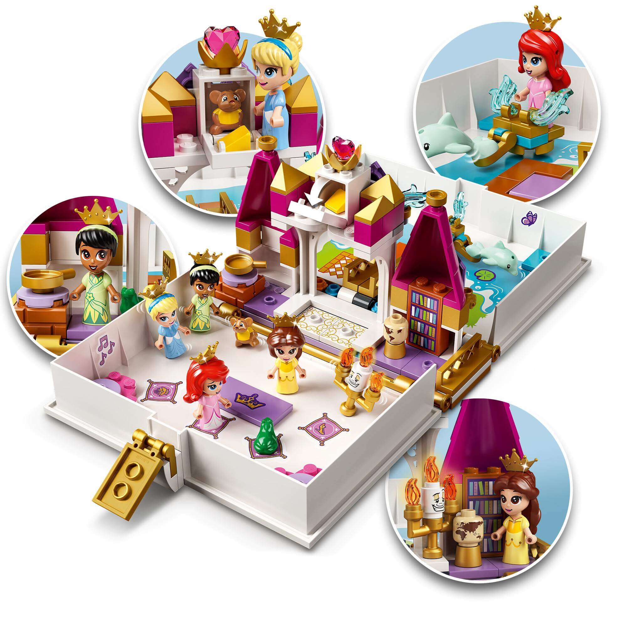 LEGO Disney Princess Storybook Adventures set featuring Ariel, Belle, Cinderella, and Tiana in a vibrant micro-world.