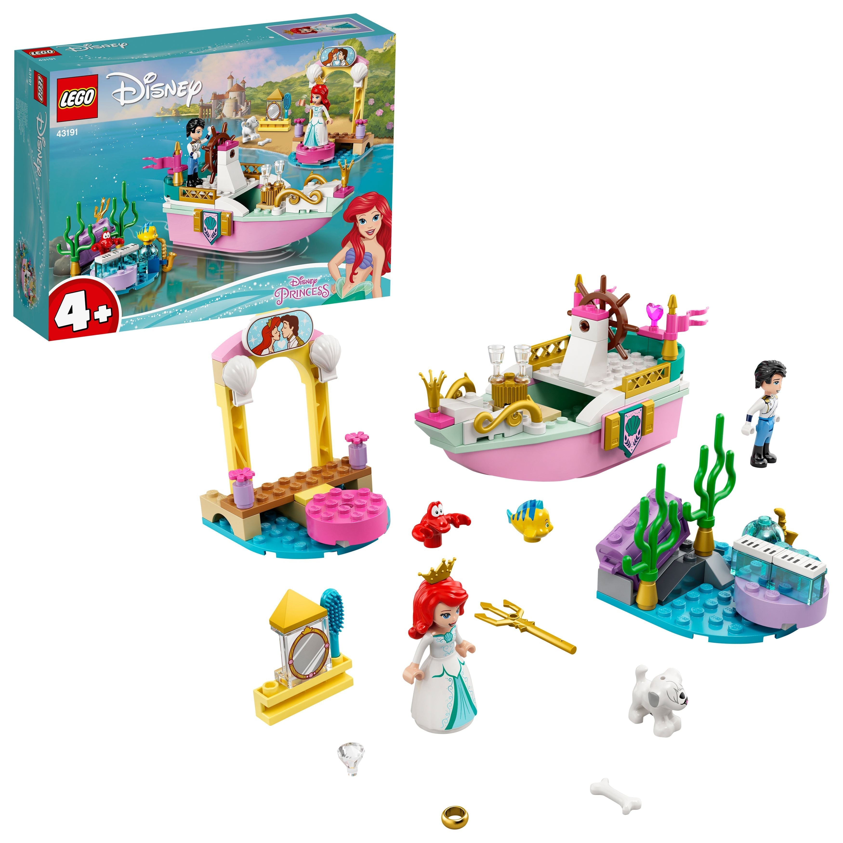 LEGO Disney Ariel's Celebration Boat Toy 43191, featuring a boat, minidoll figures, and colorful marine creatures.