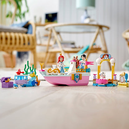 LEGO Disney Ariel’s Celebration Boat set with minidolls, animals, pier, and colorful accessories for imaginative play.