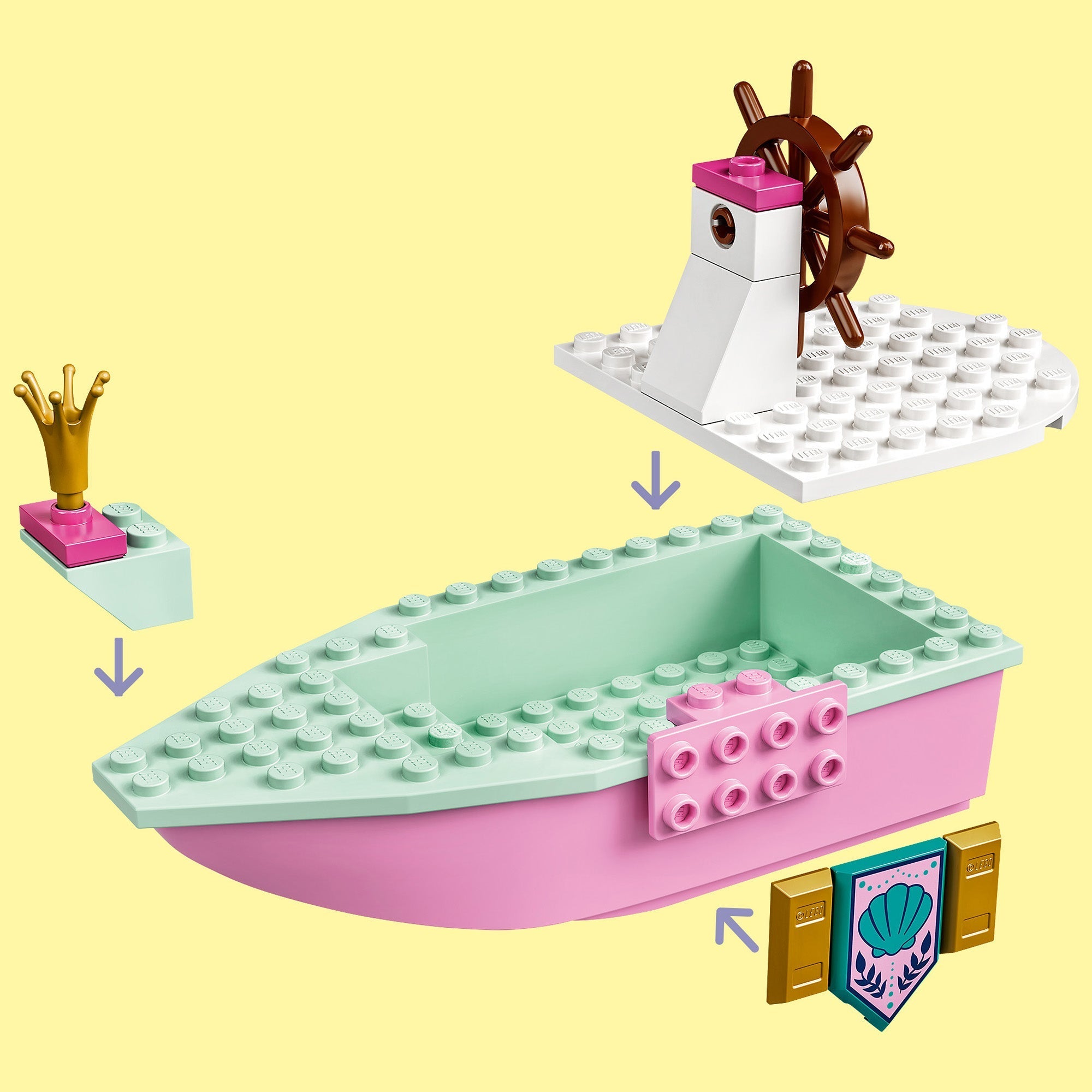 LEGO® Disney Ariel’s Celebration Boat Toy 43191 showing a colorful boat and pier with accessories.