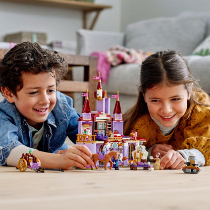 Kids enjoying LEGO® Disney Belle and the Beast’s Castle Set 43196, featuring a colorful castle and fun mini-doll figures.