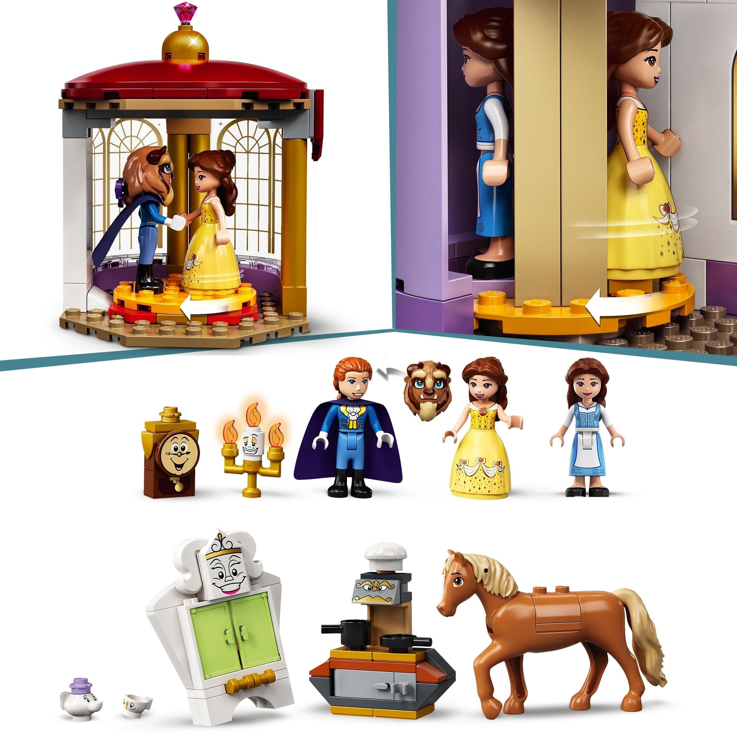 LEGO Disney Belle and the Beast's Castle set featuring mini-doll figures, a castle scene, and iconic characters.