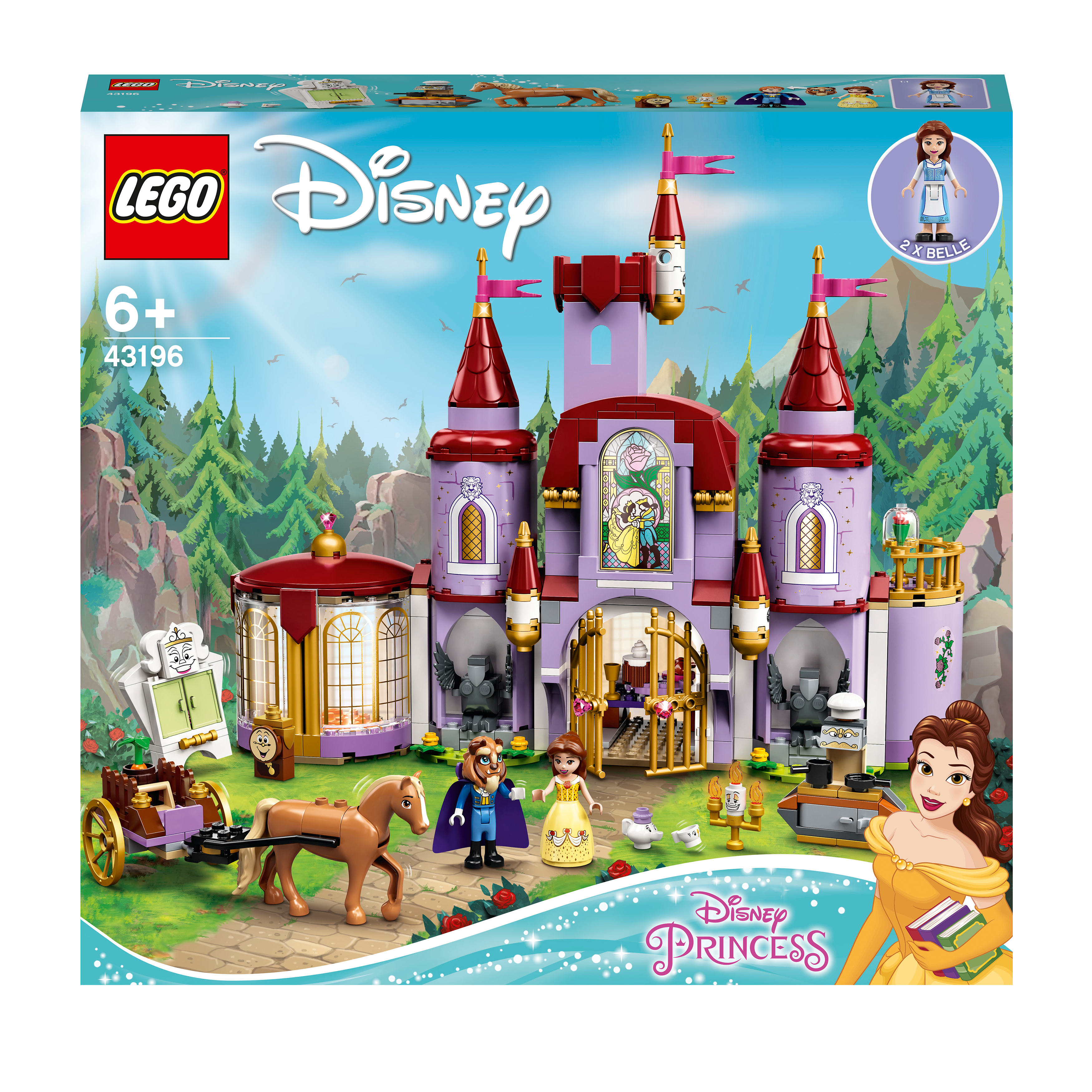 LEGO Disney Belle and the Beast's Castle Set 43196, featuring mini-dolls, figures, and a magical 2-story castle.