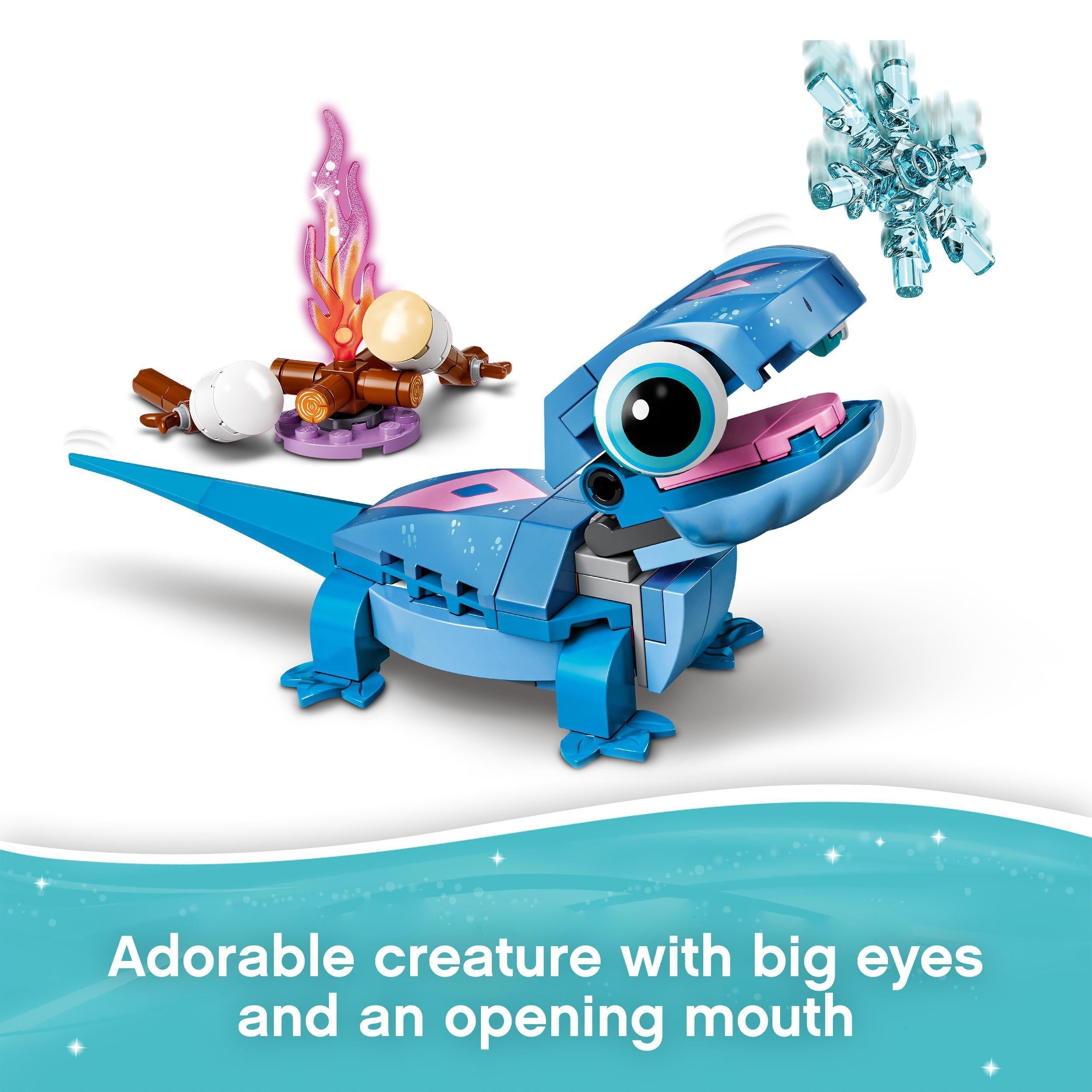 LEGO Disney Frozen 2 Bruni the Salamander toy with big eyes, buildable figure, and story elements.