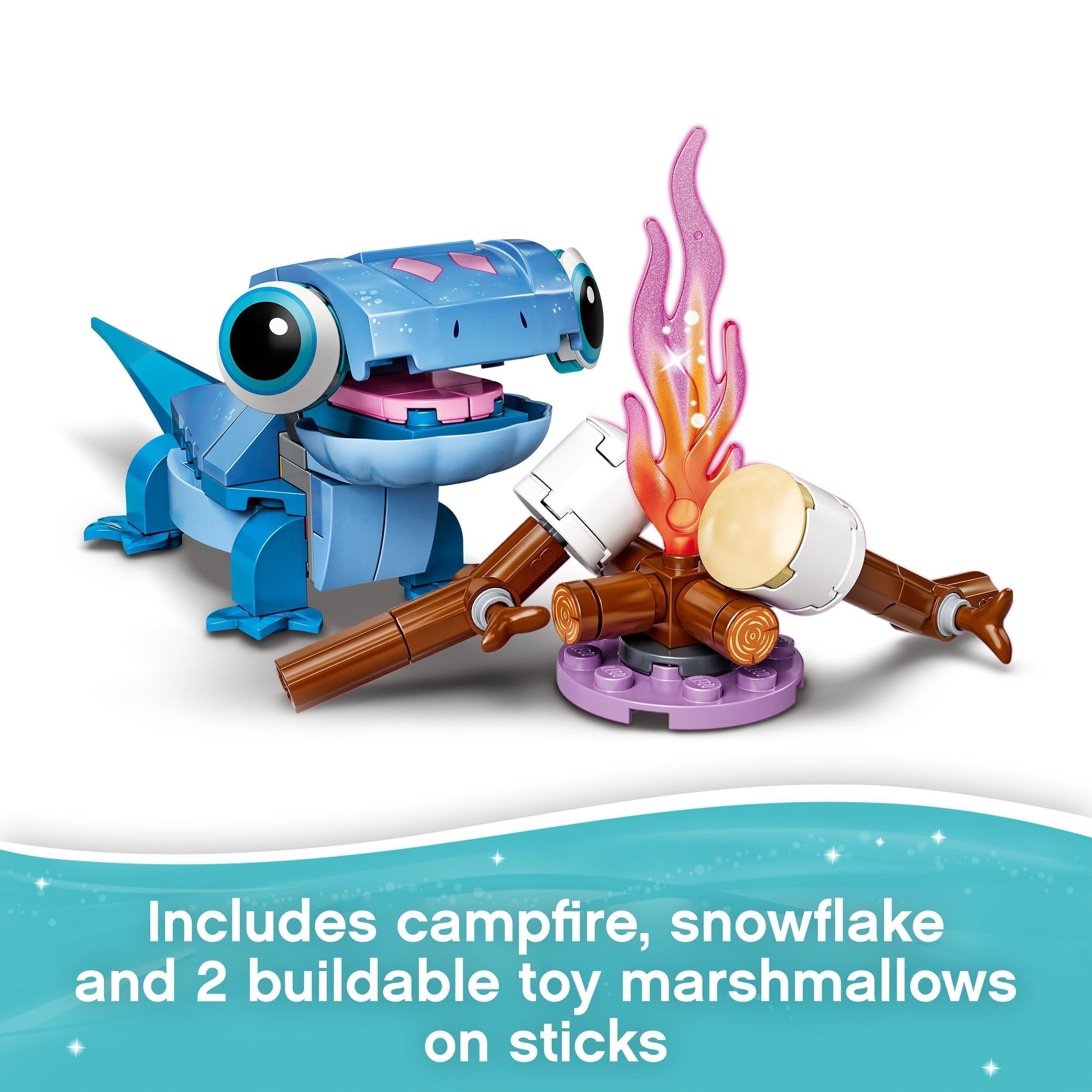 LEGO® Disney Frozen 2 Bruni the Salamander, campfire, snowflake, and buildable marshmallows on sticks.