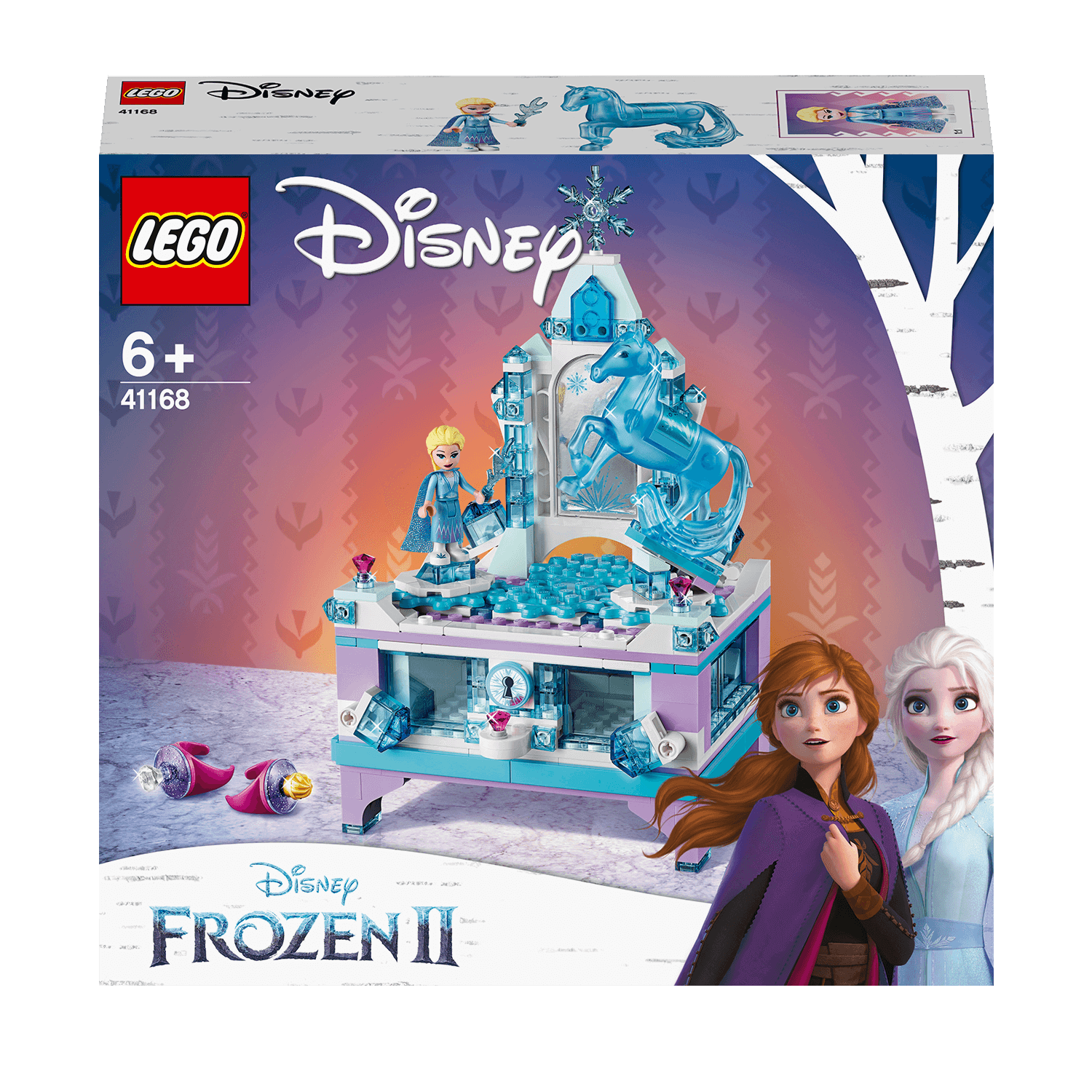 LEGO Disney Frozen II Elsa's jewellery box set 41168 with Elsa and Anna figures, perfect for keeping jewelry safe.