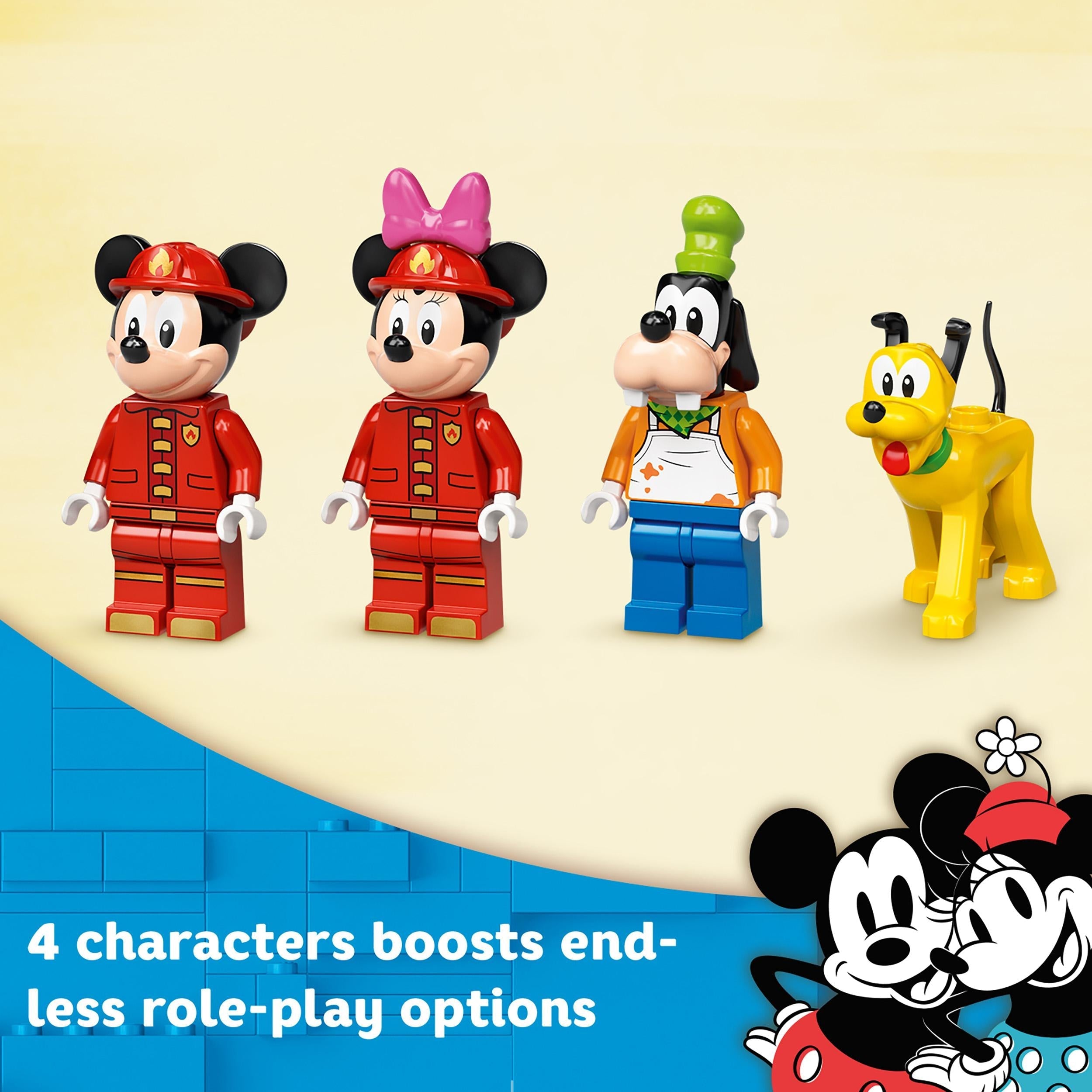 LEGO Disney Mickey Mouse fire station set featuring 4 characters including Mickey, Minnie, Goofy and Pluto for imaginative play.