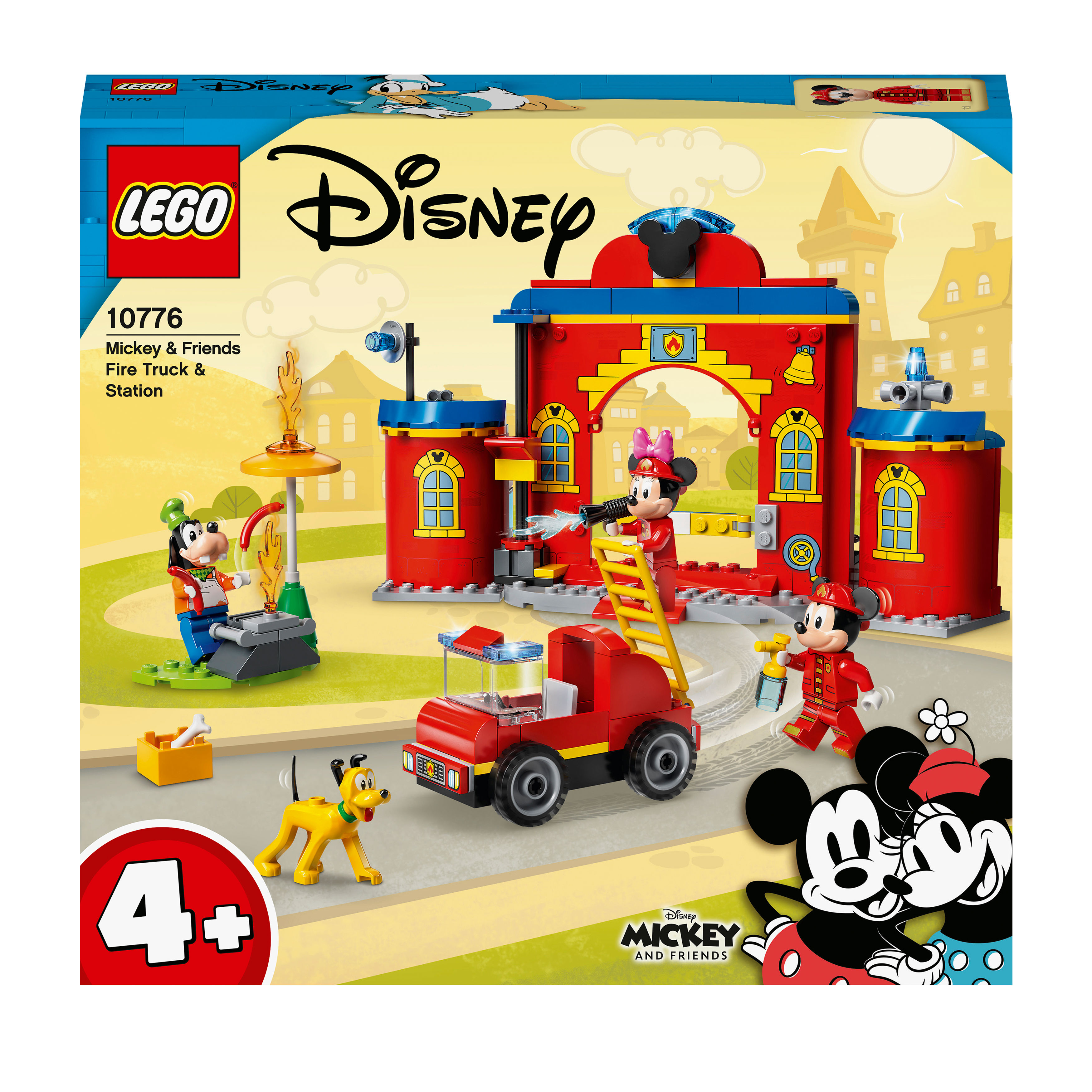 LEGO Disney Mickey Mouse Fire Engine & Station 10776 set with minifigures and dog figure, great for kids aged 4+